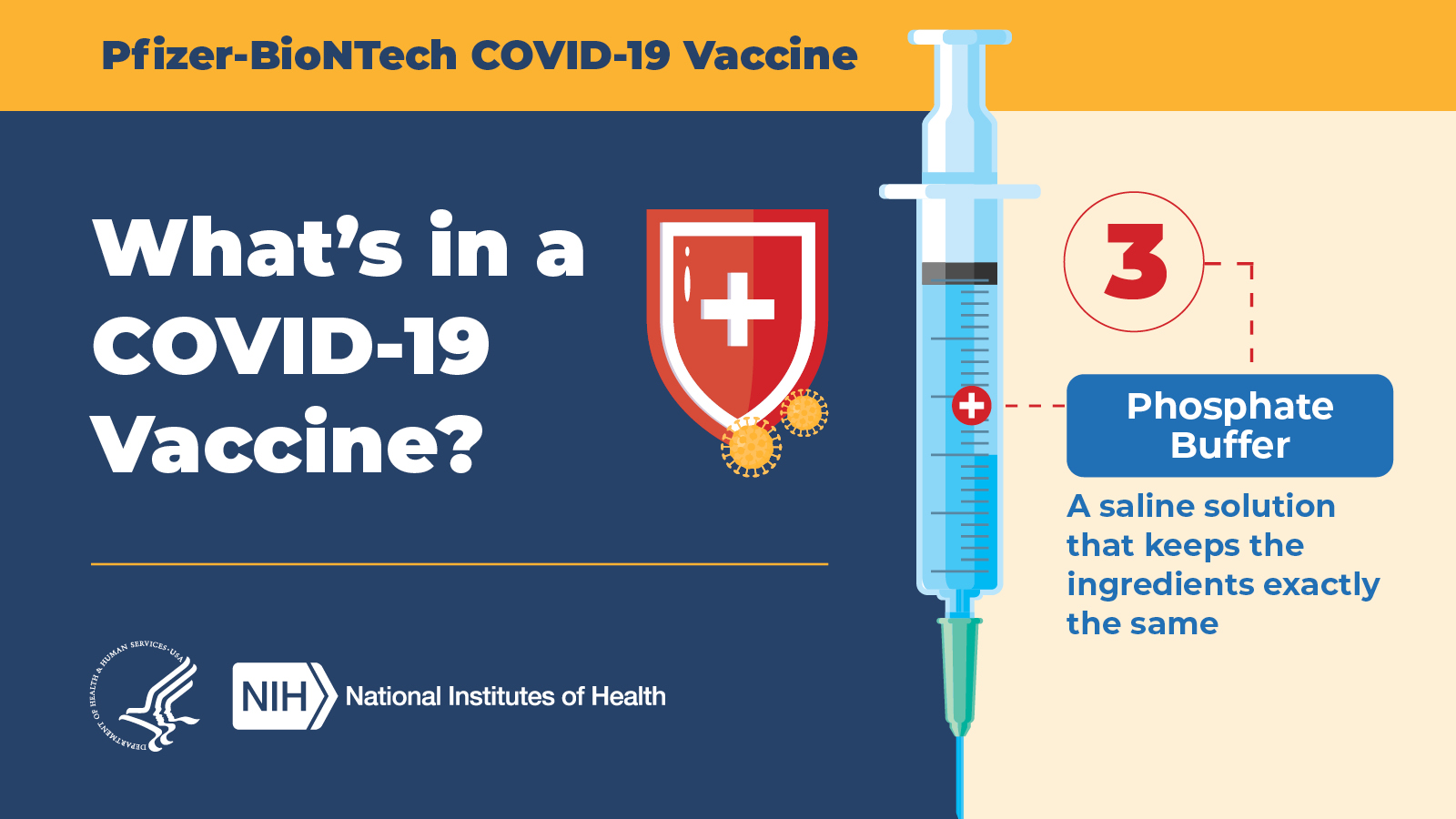 Pfizer-BioNTech COV ID-19 Vaccine  |  What's in a COVID-19 vaccine? 3: Phosphate Buffer: A saline solution that keeps the ingredients exactly the same