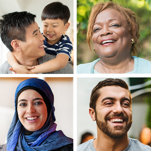 Four square profile photos arranged in a larger square: top row is a bald dark skinned man followed by a white haired woman with medium skin. bottom row is a light skinned man with white hair and a short beard followed by a dark skinned woman with glasses and dark hair pulled back. All people are smiling.