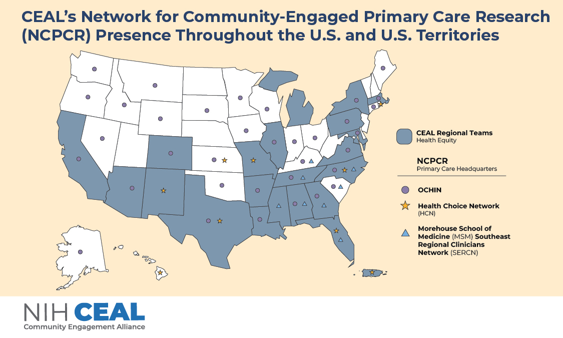 A map showing the presence of CEAL's Regional Teams and the Network for Community-Engaged Primary Care Research's (NCPCR) presence. The CEAL Regional Teams are located in California, Arizona, New Mexico, Colorado, Texas, Louisiana, Arkansas, Missouri, Illinois, Tennessee, Mississippi, Alabama, Georgia, Florida, North Carolina, the DC/Maryland/Virginia region, Pennsylvania, New York, Michigan, Massachusetts and Puerto Rico. NCPCR's presence is shown through their partners' presence. OCHIN is present in Alabama, Alaska, Arizona, Arkansas, California, Colorado, Connecticut, Georgia, Idaho, Illinois, Indiana, Iowa, Kansas, Kentucky, Louisiana, Maine, Maryland, Massachusetts, Minnesota, Montana, Nevada, New York, North Carolina, Ohio, Oklahoma, Oregon, Pennsylvania, South Carolina, South Dakota, Tennessee, Texas, Washington, Wisconsin, and Wyoming. Health Choice Network is present in Florida, Hawaii, Kansas, Missouri, New Mexico, North Carolina, Rhode Island, Texas, and Puerto Rico. Morehouse School of Medicine's Southeast Regional Clinician's Network has presence in Alabama, Florida, Georgia, Kentucky, Mississippi, North Carolina, South Carolina, and Tennessee.