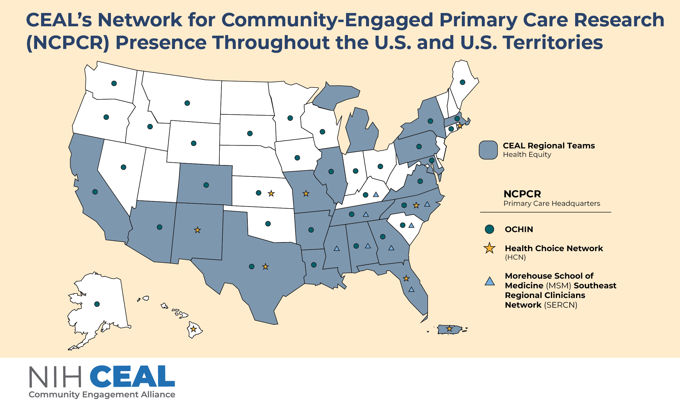 A map showing the presence of CEAL's Regional Teams and the Network for Community-Engaged Primary Care Research's (NCPCR) presence. The CEAL Regional Teams are located in California, Arizona, New Mexico, Colorado, Texas, Louisiana, Arkansas, Missouri, Illinois, Tennessee, Mississippi, Alabama, Georgia, Florida, North Carolina, the DC/Maryland/Virginia region, Pennsylvania, New York, Michigan, Massachusetts and Puerto Rico. NCPCR's presence is shown through their partners' presence. OCHIN is present in Alabama, Alaska, Arizona, Arkansas, California, Colorado, Connecticut, Georgia, Idaho, Illinois, Indiana, Iowa, Kansas, Kentucky, Louisiana, Maine, Maryland, Massachusetts, Minnesota, Montana, Nevada, New York, North Carolina, Ohio, Oklahoma, Oregon, Pennsylvania, South Carolina, South Dakota, Tennessee, Texas, Washington, Wisconsin, and Wyoming. Health Choice Network is present in Florida, Hawaii, Kansas, Missouri, New Mexico, North Carolina, Rhode Island, Texas, and Puerto Rico. Morehouse School of Medicine's Southeast Regional Clinician's Network has presence in Alabama, Florida, Georgia, Kentucky, Mississippi, North Carolina, South Carolina, and Tennessee.