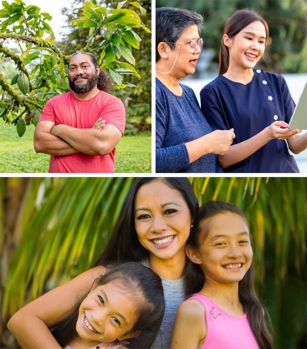 Collage including a man, two women sharing information, and a mother with two children