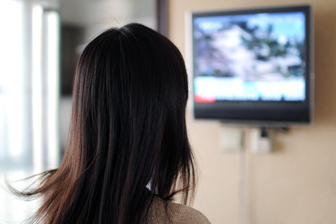 The back of a long, brown-haired person's head, looking presumably at the television screen on the wall.