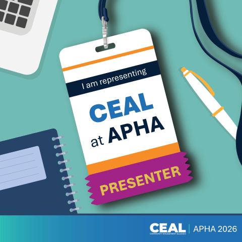 Illustrations of a laptop, spiral notebook, pen, and conference badge. Text on badge reads: I am representing CEAL at APHA. Presenter. 